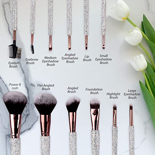 Makeup Brushes Bling Crystal Professional Face Cosmetics Blending Liquid Foundation Powder Concealer Eye Shadows Make Up Beauty Tool Glitter With Pouch Bag Kit Purely Handmade (12Pcs) (White) #TOP1