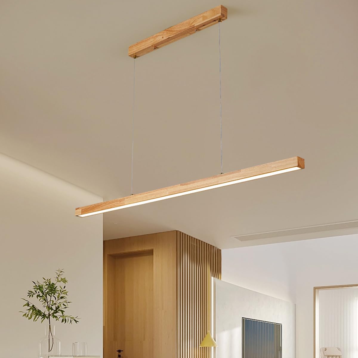 Aleaty LED Linear Pendant Light - Wooden Dimmable Dining Room Lamp With Remote Control, Height Adjustable Kitchen Light (Wood, L100cm) โ image 1