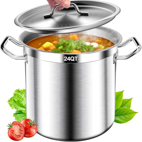Image of 24 Quart Stainless Steel Stockpot with Lid, Heavy Duty Tri-Ply Bottom Commercial Soup Pot for Cooking Large Family Meals, Chili, Seafood Boil, Gas, Oven Safe