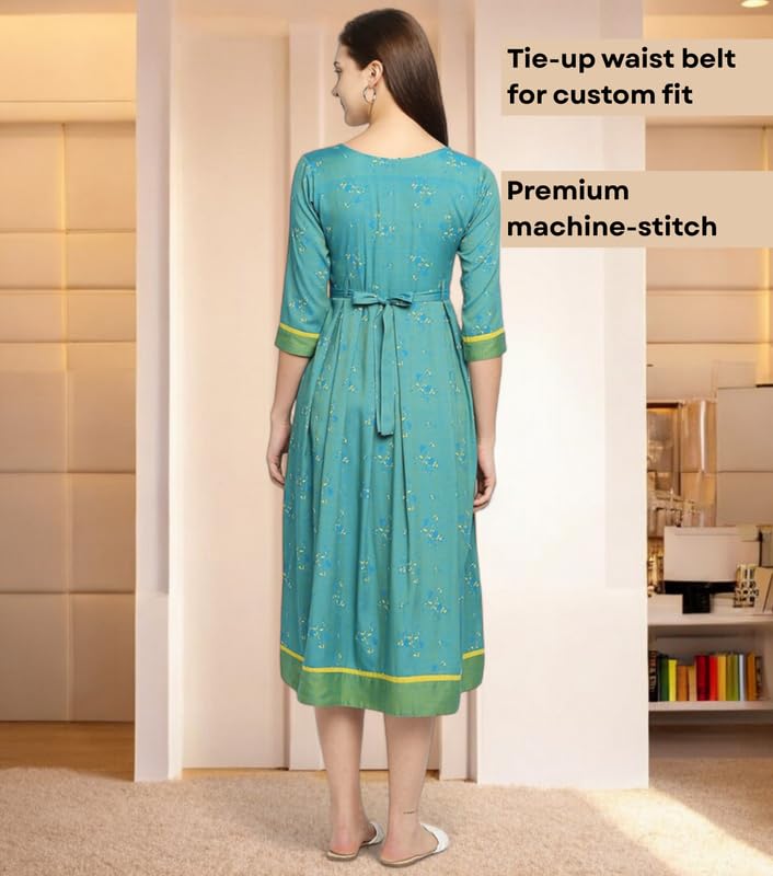 Image of DUMMY SHAPE Maternity Dresses for Women Cotton Rayon | Turquoise Printed Feeding Flare Kurta with Nursing Zippers to Breastfeeding | Pre & Post Pregnancy | Gift for Pregnant Woman (D-M-P049-XXXL)
