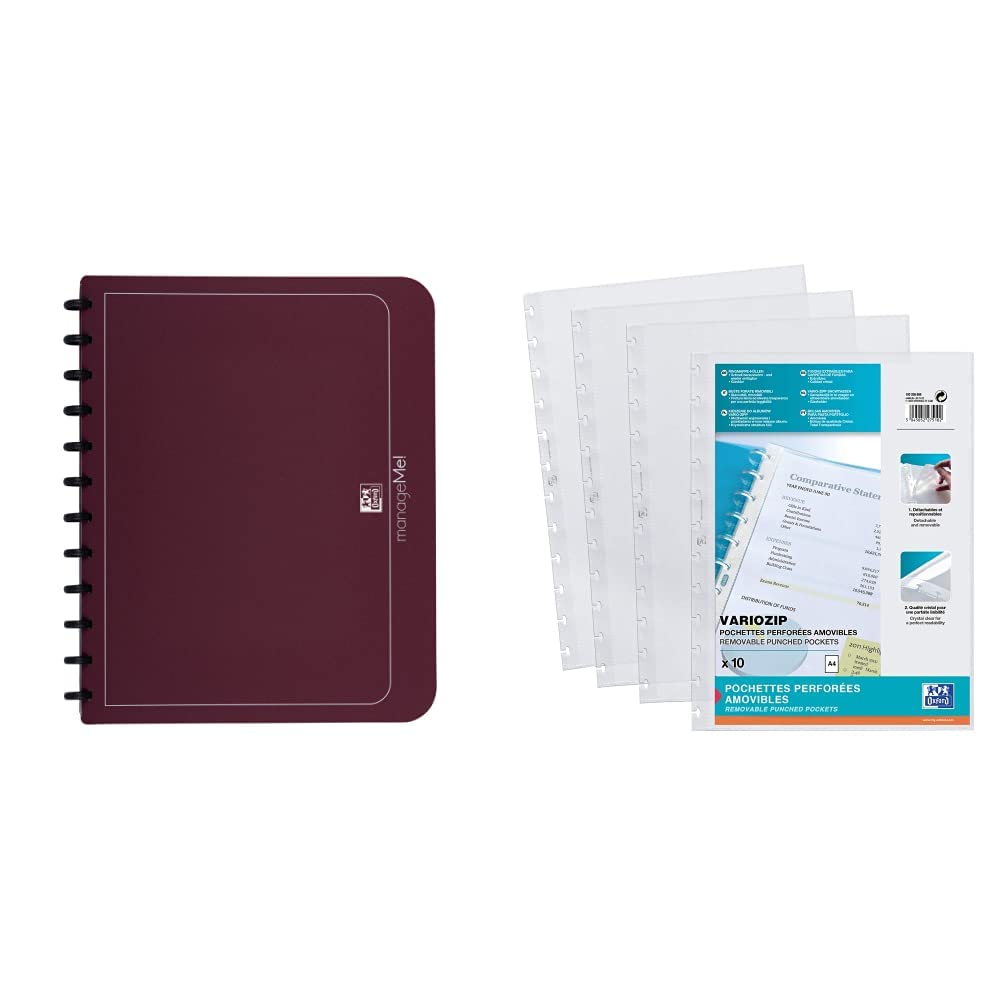 Oxford Ring-Mappe A4, manageMe, Sichtbuch mit 25 Hüllen, bordeaux, 5er Pack & Prospekthüllen A4 manageMe, glasklar, oben offen, 10 Stück, farblos