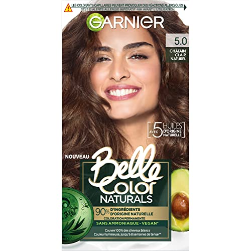 Garnier - Tinte permanente para el cabello sin amoníaco - Ingrediente de origen 90 % natural - Fórmula vegana - Belle Color Naturals - Color: marrón claro natural (5.0)
