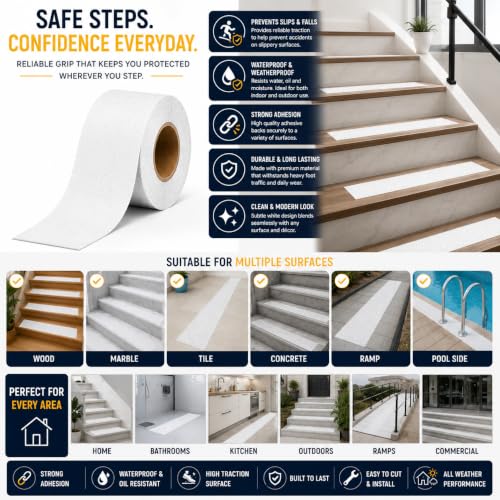 Image of YORWE Anti Slip Stair Tape with Glow in the Dark Strip - Heavy Duty Waterproof Non Slip Traction Tape for Stairs, Steps, Outdoor & Indoor Safety (White, 10 Meter)