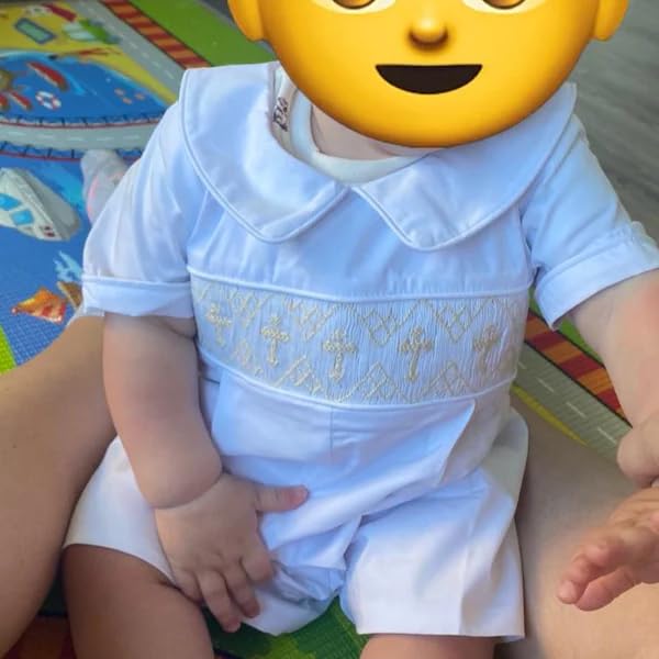 GINEVSAL Baby Boy Baptism Outfit Cross Shirred Doll Collar Jumpsuit Romper Bodysuit Cute Summer Clothes (White, 6-12 Months)