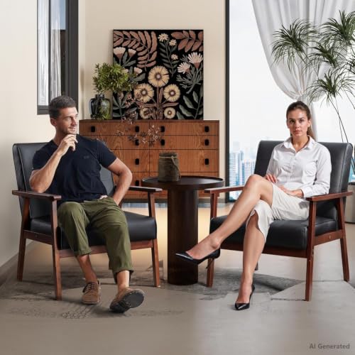 Image of STHOUYN Upholstered Accent Chair, Black Leather Arm Chair with Wood Frame | Comfy Reading Chair, Mid-Century Modern, Living Room, Waiting Room, Office
