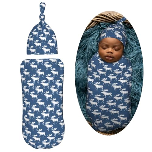 Image of Painting Mooses Newborn Swaddle Blankets Hat Sets Soft Baby Receiving Blanket Swaddle Sack for Baby Shower Infant Boy Girl Gift