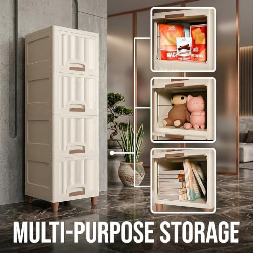 Image of Multipurpose Foldable Drawer Cabinet Organizer - Plastic Storage Cupboard with Double Door & Wheels | Clothes Rack, Kids Wardrobe for Home, Kitchen, Office (Ivory Drawer) 4 Layer