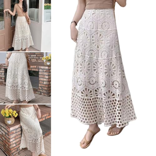 Women Vintage Hollow Out Crochet Knit Flower A Line Skirt Elastic High Waist Embroidery Beach Vacation Long Skirt2