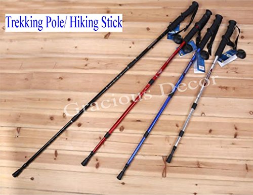 Gracious Decor Expandable Walking Hiking Trekking Pole Cane Stick with Compass on Grip Wrist Strap Available 4 Colors (RED#3)