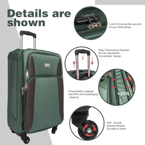 GDFStudio 4 Piece Softside Luggage Set with Spinner Wheels, Expandable Lightweight Suitcase Travel Set, Durable Softshell Trolley Bags with Carry-On and Checked Sizes – Dark Green2
