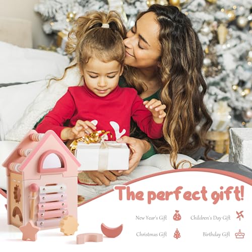 WOODEN TEETHER Motorikwürfel aus Holz, 5-in-1 Montessori Spielzeug Baby, Motorikspielzeug für Baby, Spielzeug Motorikschleife, Holzspielzeug ab 1 Jahr, Activity Center, Geschenke für Mädchen