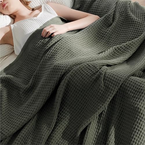 Image of Bedsure 100% Cotton Big Blanket Oversized King for Bed - Large Breathable Thick Cooling Waffle Weave Blanket for Summer, Couch Cover, Olive Green, 120x94 inches