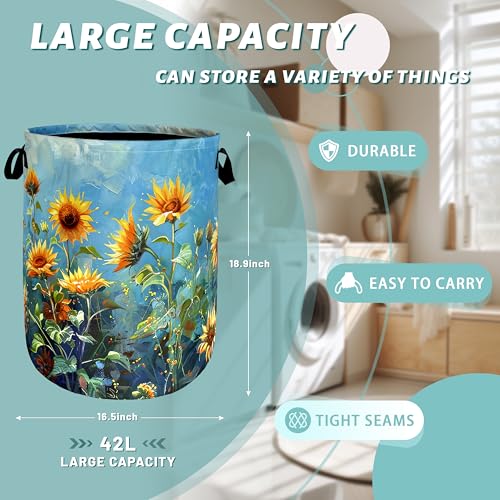 Image of Watercolor Sunflower Laundry Basket Oxford Cloth Hamper 18.9x16.5 Inch