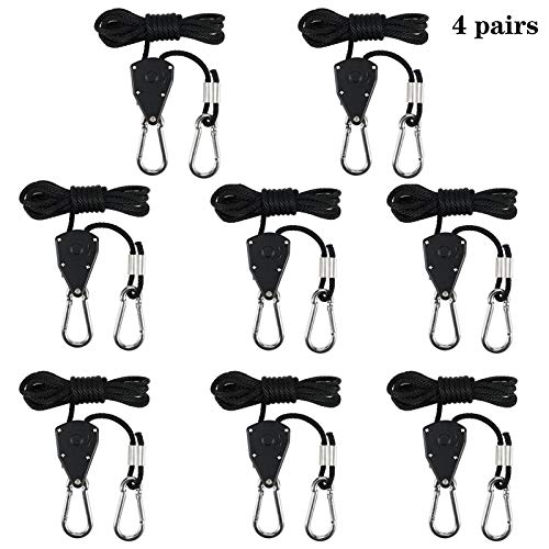 QINREN 4 Pairs Heavy Duty Ratchet Ropes, 1/8" Rope Ratchet Hangers Adjustable for Grow Room Equipment, 150 Lb Capacity