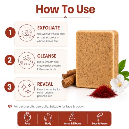 Image of The Wellness Shop Sandalwood Saffron Detan Soap | Dark Spot, Tan Removal Skin Brightening, Exfoliating Soap | Chandan Kesar Handmade Bathing Bar | Paraben Free | Face Body Soap for Men Women| Pack of 1