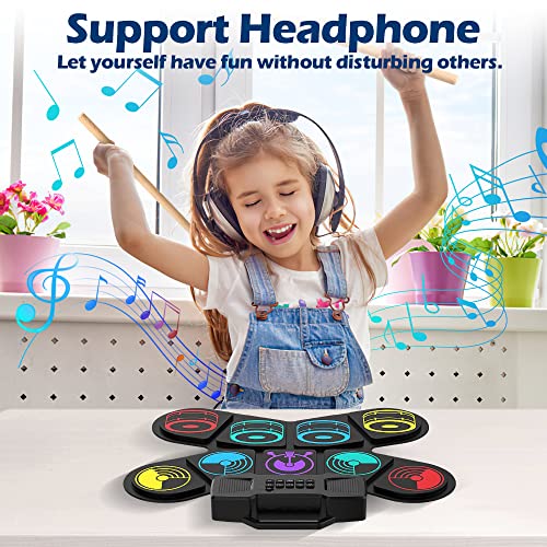 Electronic Drum Set, Colorful Roll-Up Drum Practice Pad, Portable/Dual Stereo Speakers/Bluetooth/Supports Dtx Game, 9 Pad Digital Drum Kit For Kids Beginner Holiday Birthday Gift #TOP4