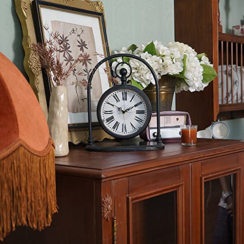 Soffee Design 10'' X 11''' Big Size Iron Table Clock, Rustic Arch Hanging Design Silent Non Ticking Battery Operated, Distressed Oversized Mantel Clock For Living Room & Fireplace Home Decor, Black #TOP2