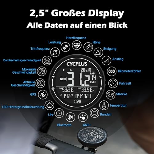 CYCPLUS Fahrradcomputer GPS Fahrradtacho Kabellos, IPX6 Wasserdicht Fahrrad Computer Drahtloser...
