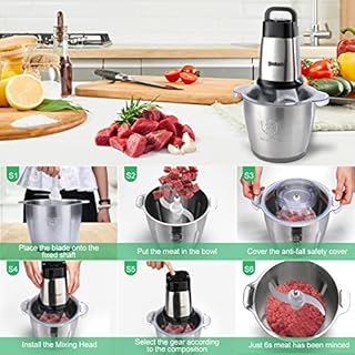 Qinkada Food Processor, 500W Powerful Meat Grinder, 14Cup Stainless Steel Bowl, 3 Speed Modes 4 Bi-Level Blades for Onion, Meat, Nuts, Fruit, Garlic, Vegetable, Baby Food
