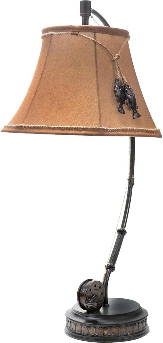 BLACK FOREST DECOR - Fishing Reel Table Lamp with Faux Moleskin Shade - Perfect Cabin & Lodge Decor - 28" x 15" x 13"