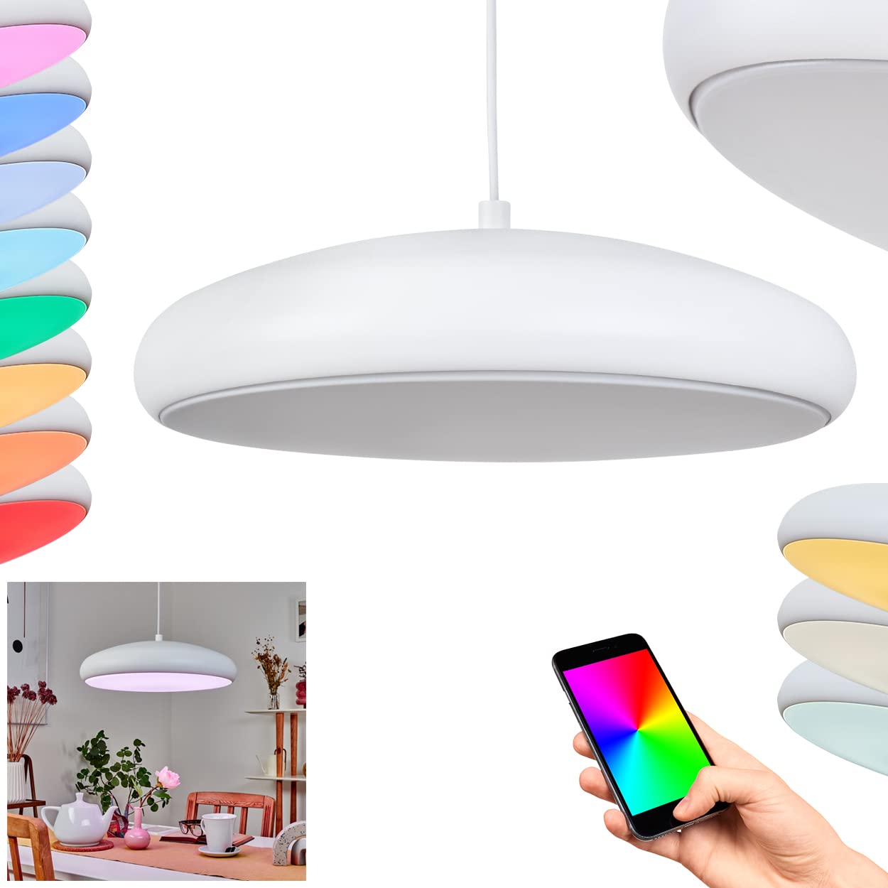hofstein LED Hanging Light Rhone, dimmable Pendant lamp Made of Metal in White, Bluetooth RGB, Smart App, RGB LED 27 Watt, 3400 Lumen, 2700-6500K
