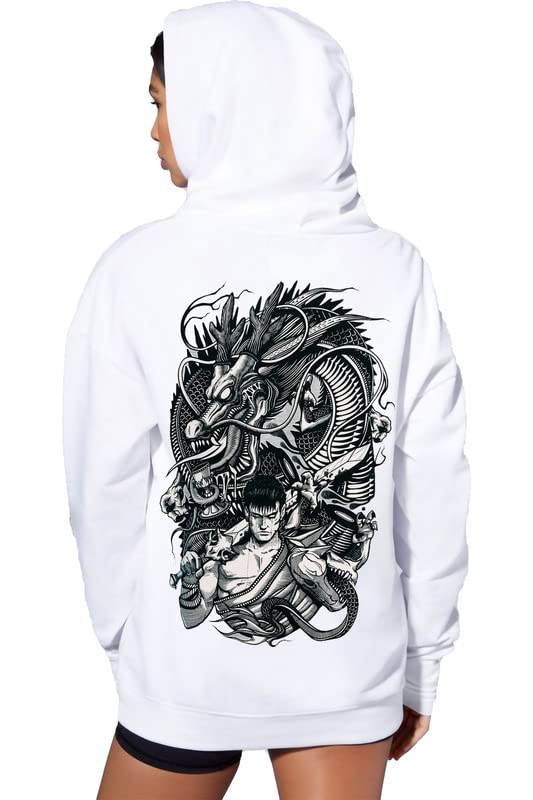 Epiko Dragon Printed Unisex Fleece Hooded Sweatshirt White 4