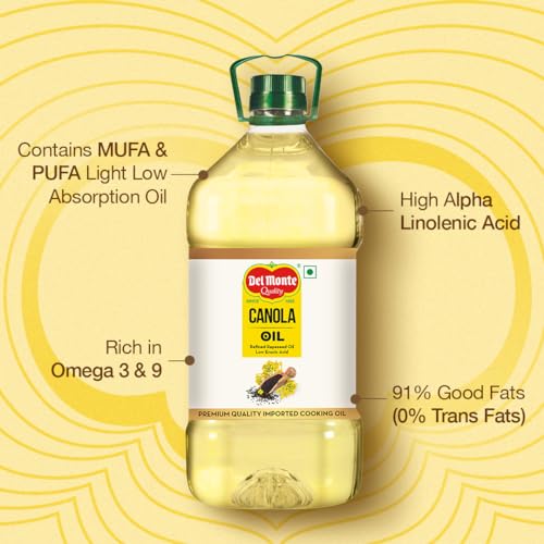Image of Del Monte Canola Oil, 5L | Rich in MUFA, PUFA, Omega 3 & 6 | 0% Trans Fat | Ideal for Everyday Indian Cooking | Imported Oil