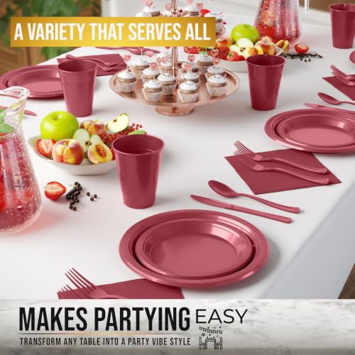 Image of 350 Pcs Burgundy Plastic Plates For Party, Burgundy Disposable Plates Set, 50 Of Each 9 inch Dinner Plate Set, 7 inch Dessert Plate, Cups, Napkins & Cutlery Plastic Dinnerware Set Exquisite