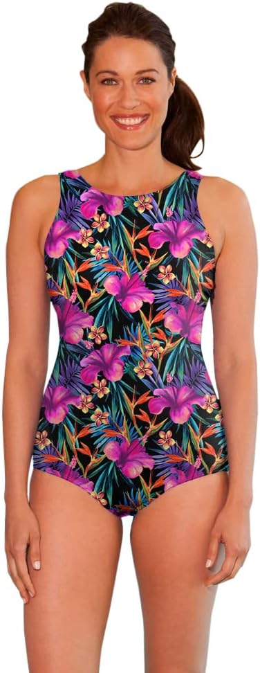 AQUAMORE Women's Chlorine Resistant Print High Neck One Piece Swimsuit