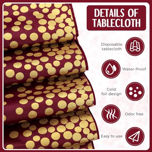 Image of Breling 16 Pack Burgundy and Gold Disposable Plastic Tablecloths and Satin Table Runner Set, 54 x 108 Inch Tablecloth, 12 x 108 Inch Table Runners for Wedding Graduation Birthday Baby Shower