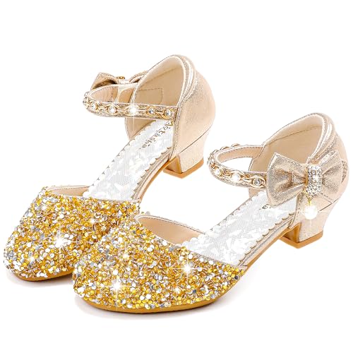 Image of Motasha Sparkly Girls Dress Shoes Kids High Heels Toddler to Big Kid | Glitter Closed Toe, Rhinestone Bow Straps, Hook-and-Loop Closure, Low Heel, Anti-Slip Outsole for Wedding Birthday Parties