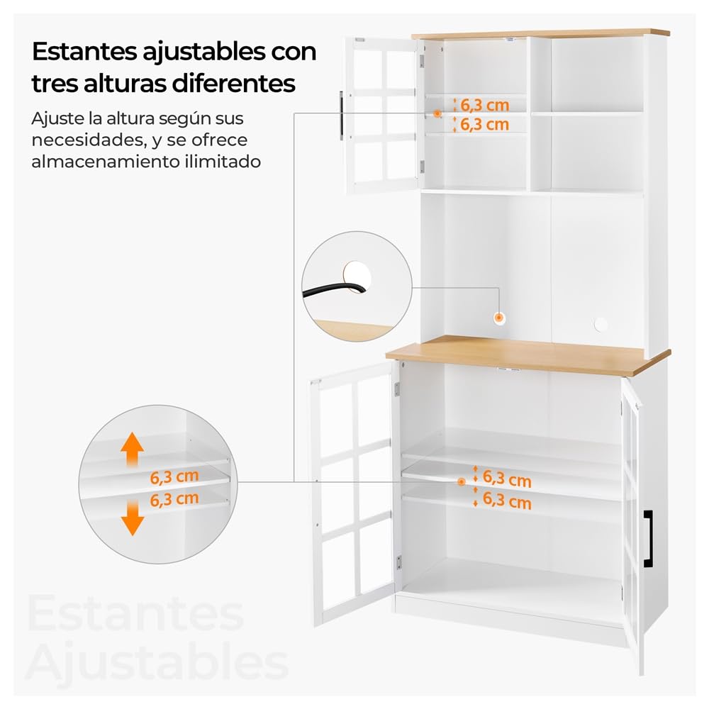 Yaheetech Alacena de Cocina Mueble Buffet Armario de Cocina Aparador de Almacenaje con Puertas de Vidrio, Estantes Ajustables 80 × 37 × 183 cm