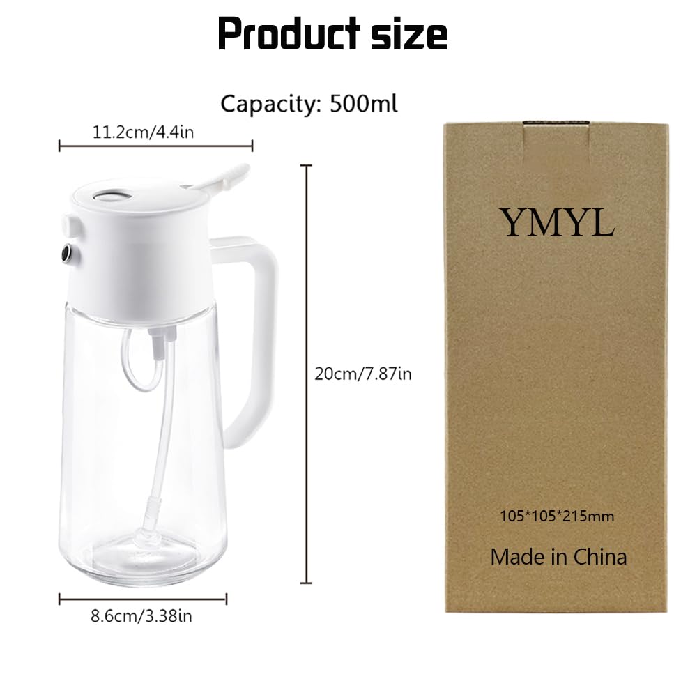 YMYL 2 in 1 Olive Oil Dispenser and Mister, 17oz Glass and Plastic, Adult, Kitchen, Cooking, Food Preparation, 500ml, White, Reusable, Rectangular, Glossy, 4.4x7.9 inches
