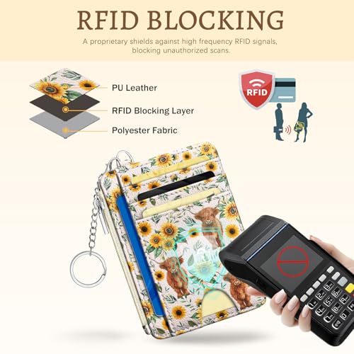 Image of Kelvoris Highland Cow Credit Card Holder Small Wallet Women, Cute Slim RFID | Keychain, Zipper Coin Pocket, Front Pocket Thin Travel Card Case, Minimalist, 6 Card Slots, 1 ID Window, Ladies Gifts Woman