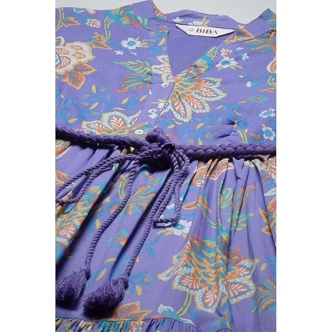 Image of Biba Women's Cotton 3 /4 Sleeves Calf Length Band Collar A-Line Floral Printed Casual Dress