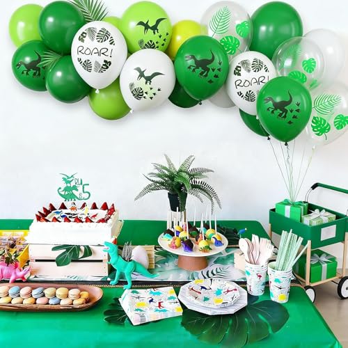 Image of Dinosaur Balloons, 50 Pcs Green White for Boys Dinosaur Birthday Party | 12 Inch Fruit Green White Dino Leaf Print Latex Balloons for Woodland Safari Jungle Dinosaur Baby Shower Party Decorations