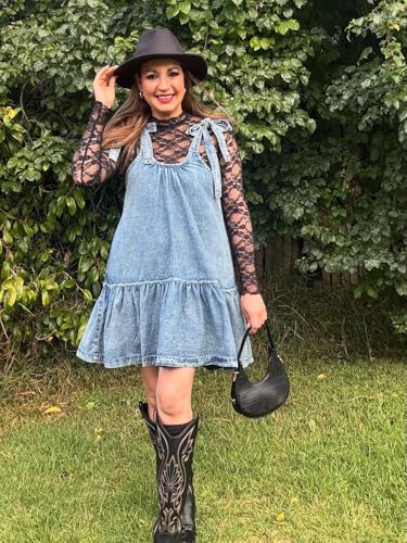 Women Denim Cami Dress Tie Shoulder Ruffle Hem Short Dresses Babydoll Wash Jean Sundress with Pocket3