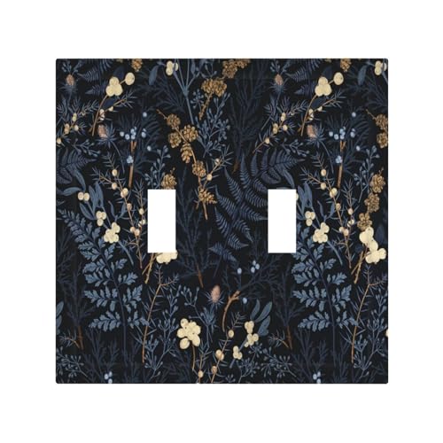 Decorative Switch Plate Covers Rustic Navy Dark Blue Leaves Golden Floral 2 Gang Light Switch Cover Plate Unique Double Toggle Wall Plate Light Switch Covers for Bedroom Home Decor