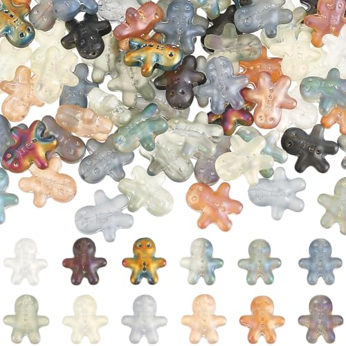 SUNNYCLUE 1 BOX 120PCS Glass Gingerbread Man Beads Christmas Beads Cute Cartoon Xmas Candy Loose Spacer Beads Bulk for jewellery Making Bracelet Beading Kit Christams Gift Party Decor Diy Craft Suppli