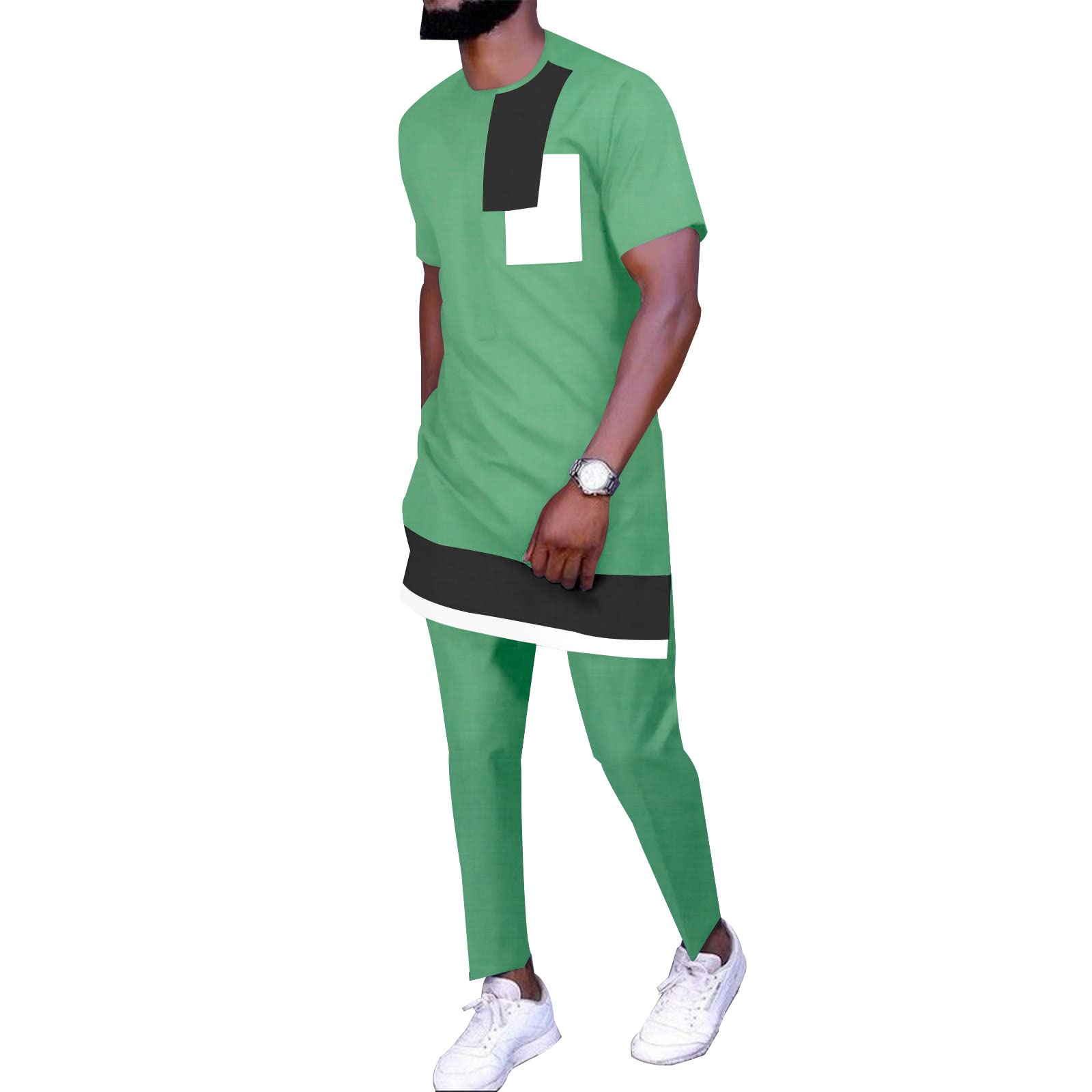 private afriprideMen`s Tracksuit African Clothing 2 Piece Set Short Sleeve Dashiki Tops and Pants 2 Piece Outfits Blouse Sports Suit