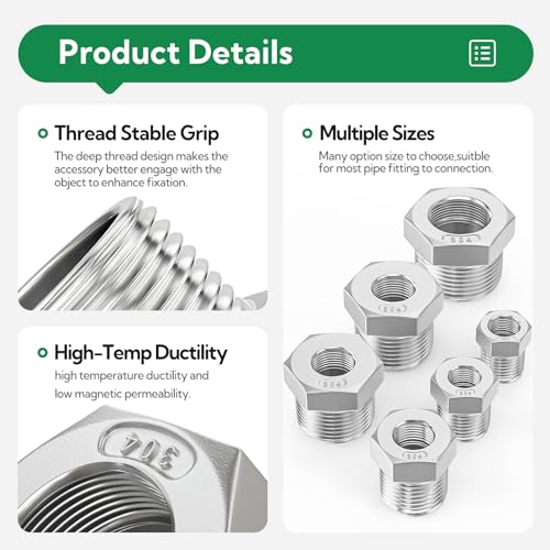 Image of 5PCS 304 Stainless Steel Reducer Hex Bushing, 1 inch NPT Male x 3 /4 inch NPT Female, Reducing Pipe Adapter Fitting