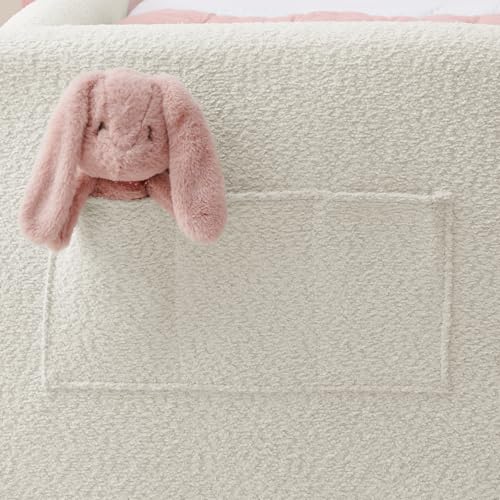 Image of KEIKI Twin Size Upholstered Platform Bed Frame with Guardrail, Slats, Beige | Boucle Platform Bed with Cute Rabbit Ear Shaped Headboard, Pocket, for Boys and Girls, No Box Spring Required, Easy Assembly