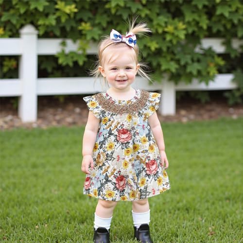 Toddler Girls Summer Dress Casual Floral Print Smocked Fly Sleeves A-Line Dress Sundress Princess Dress2