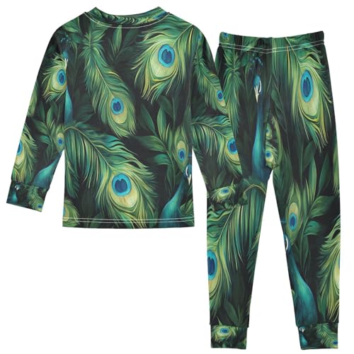 Pajama Sets Long Sleeve Watercolor Green Peacock Feathers Soft Comfy Sleepwear 2 Piece PJS 3-8T3