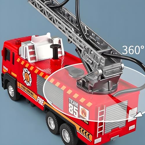 Image of Fire Fighter Truck Toy with Water Spray, Lights & Sound, Pull Back Fire Engine with 360 Rotating Ladder, Die Cast Fire Brigade Truck Toy for Kids Boys Girls