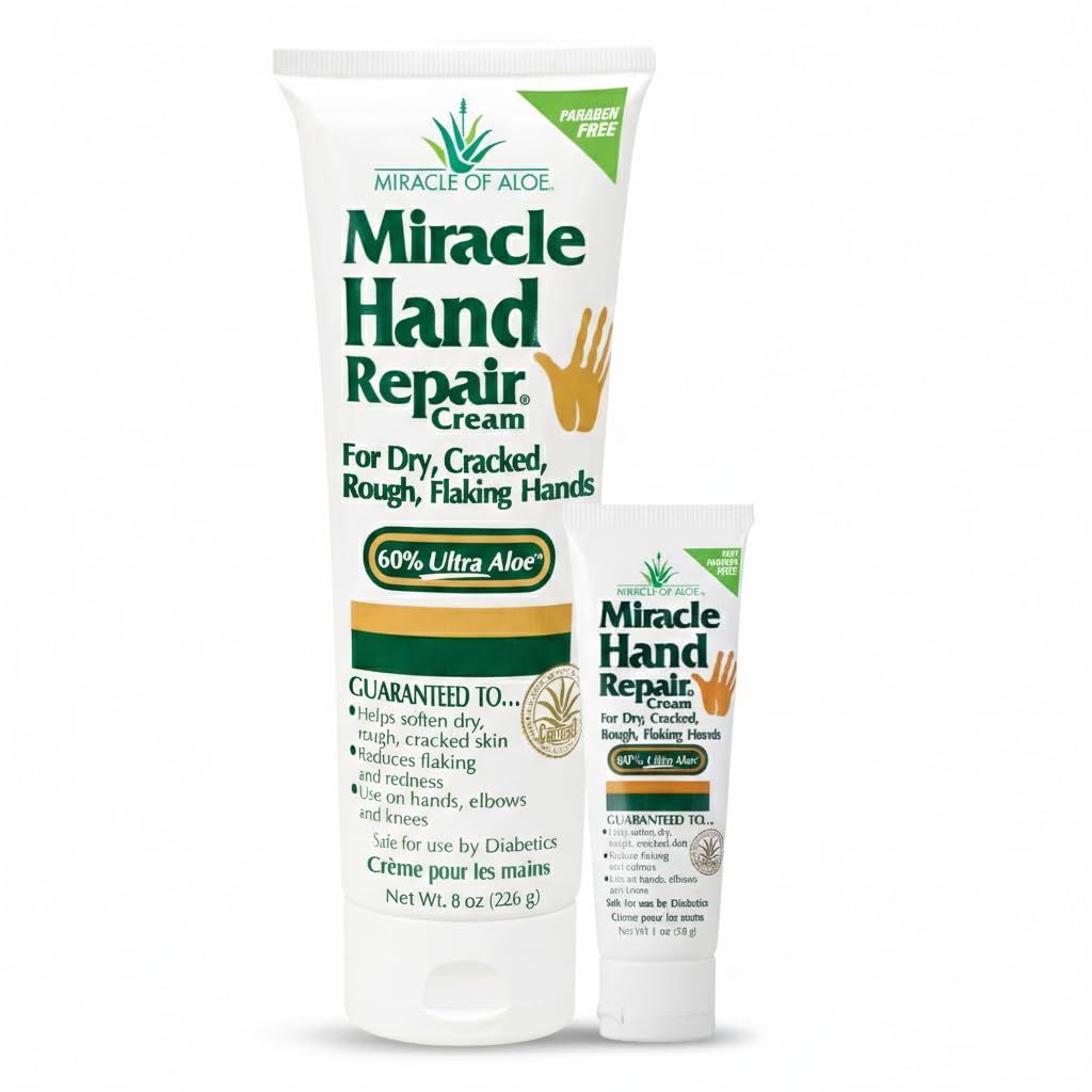 Miracle Hand Repair Cream for Dry Cracked Hands (8 oz & 1 oz) Best Healing Hand Cream with 60% Aloe Vera - Non-Greasy Moisturizer for Working Hands -