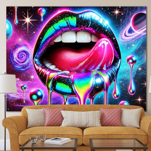 Image of BlissYard Blacklight Tapestry Lip Tapestry 78x59 Inch UV Reactive Tapestry Glowing Tapestry Large Neon Tapestry Posters Wall Hanging for Home Living Room Bedroom Party Decor Photo Shoot Props