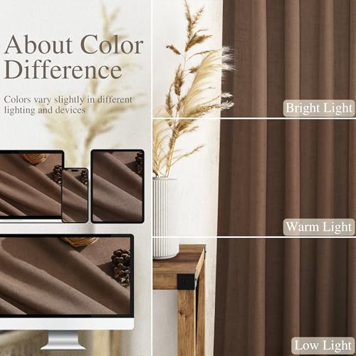 Image of Caramel Brown Linen Curtains 84 Inches Long for Bedroom Back Tab Light Filtering Privacy Semi Sheer Curtains Modern Farmhouse Decor Cotton Textured Curtain for Living Room 2 Panels Set 52x84 Inch