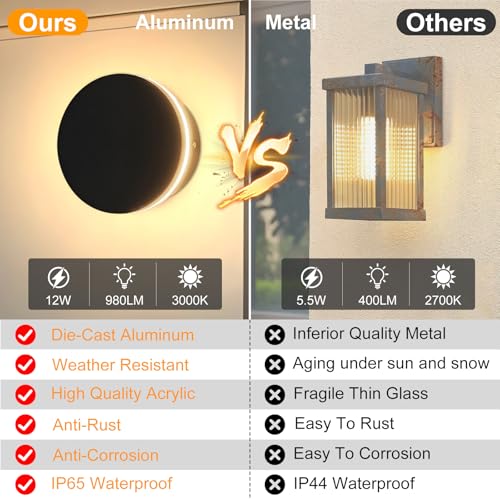 Image of Modern Round Outdoor Wall Sconce, 12W LED Wall Light 3000K Warm White, Black Aluminum Waterproof Exterior Light Fixture, Wall Mount Sconces for Porch, Entryway, Doorway and Indoor