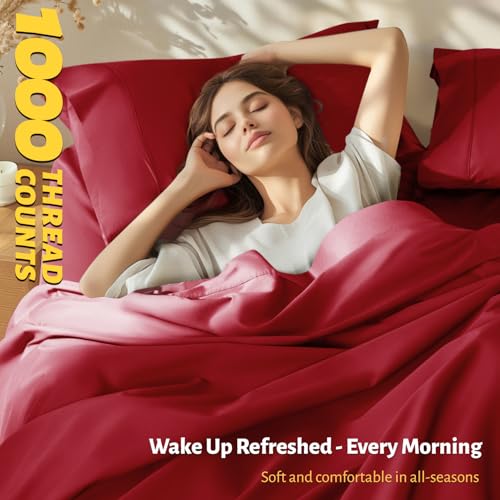 Shilucheng 100% Egyptian Cotton Sheets Set,Luxury Cotton Bed Sheets,Breathable Bedding and Pillow Cases, 16 Inch Deep Pocket - 4 Piece (Burgundy, King)